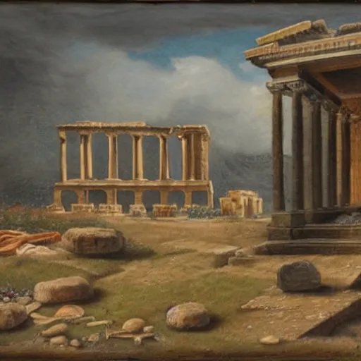Prompt: roman temple with strange symbols on the ground, painting