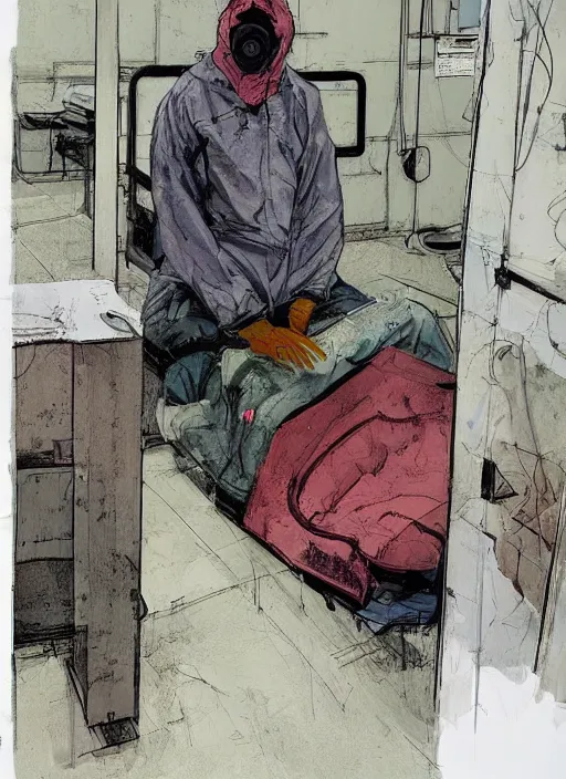 Image similar to an exhausted doctor in a hazmat suit, inside an old Romanian hospital room,. intricate artwork, 8k, Illustration by Alex maleev, James Jean, Adrian Ghenie and Francis Bacon, highly detailed, very coherent, rich colours