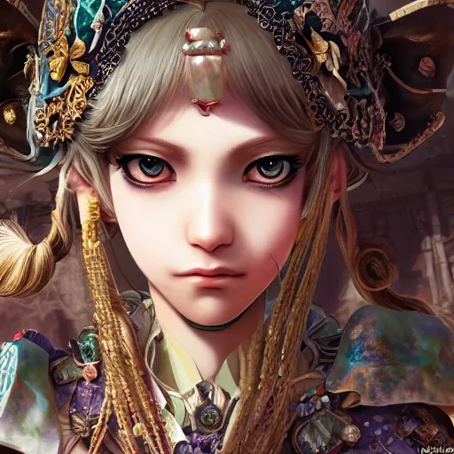 Image similar to character portrait of the monkey princess with gorgeous detailed eyes in the marketplace in the sky, color page, tankoban, 4 k, tone mapping, doll, akihiko yoshida, james jean, andrei riabovitchev, marc simonetti, yoshitaka amano, long hair, ape, curly