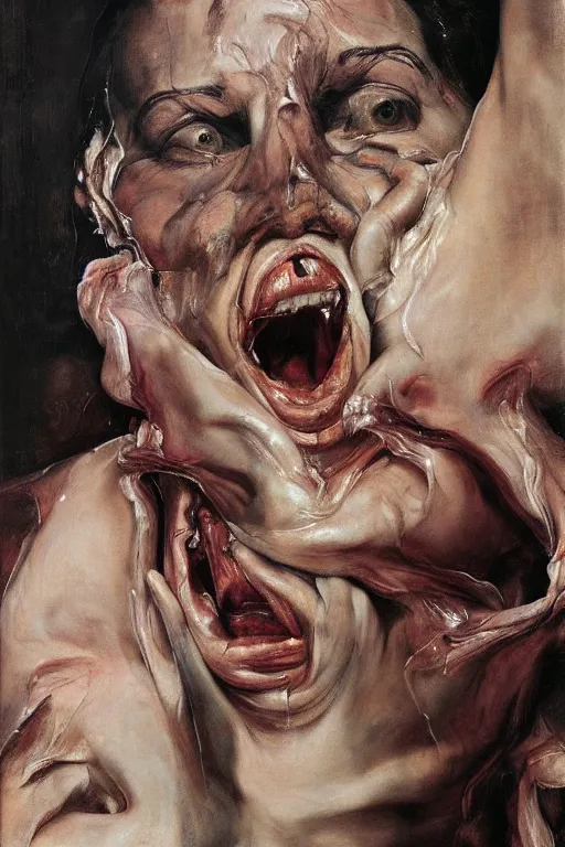 Prompt: a woman enraged, part by Jenny Saville, part by Francis Bacon