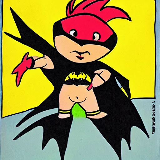 Prompt: A rooster dressed like Batman, cartoon