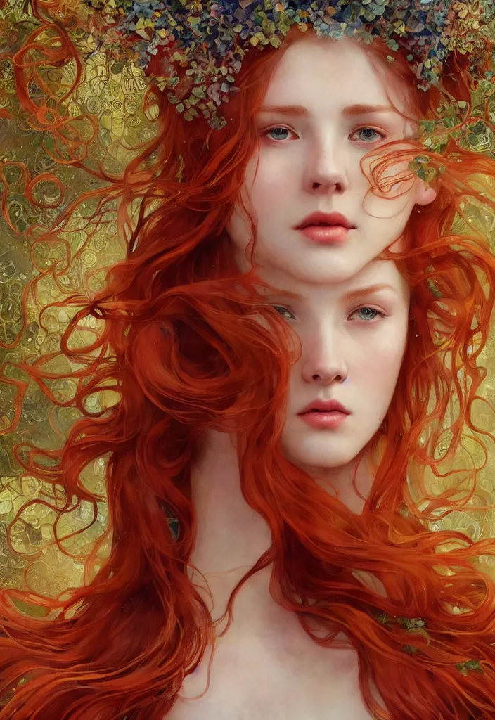 Image similar to beautiful watercolor painting of a young red hair woman surrounded by a school of long golden fish, intricate, elegant, highly detailed, digital painting, artstation, concept art, smooth, sharp focus, art by krenz cushart and artem demura and alphonse mucha, dynamic lighting, full body shot, ultrarealistic, cinematic, octane render, 8 k