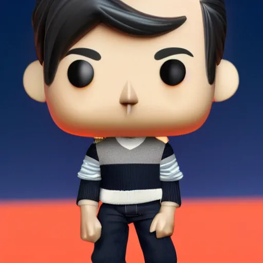 Image similar to a 21 year old skinny white guy with no beard and black hair on top, short on sides, in a navy blue sweater, jeans and grey new balance shoes funko pop close up highly detailed photo