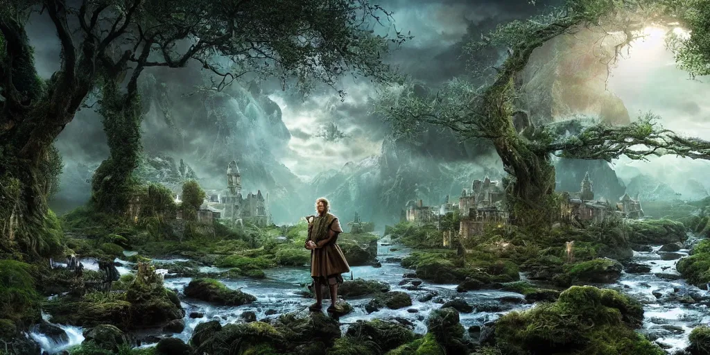 Image similar to beautiful and immersive magical town, magical buildings, bioluminescent forest surrounding, gentle rivers flowing through town, award - winning cinematography - cinematic lighting, dramatic lighting, hdr, 4 k, stunning and beautiful view - unbelievably amazing - highly detailed, hyperrealistic, in the style of lord of the rings and pan's labyrinth