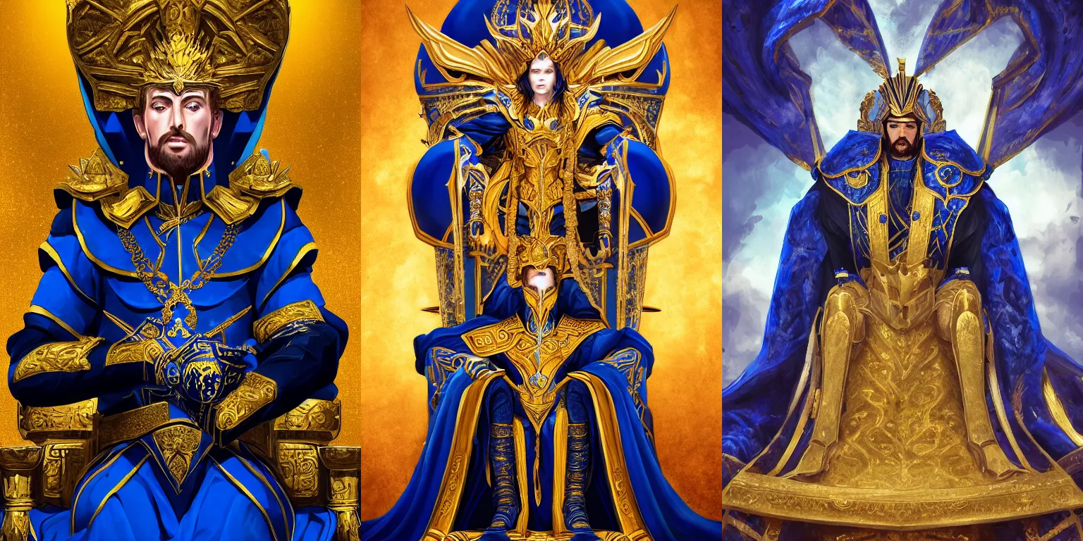 Image similar to Half-length portrait of the azur emperor sitting on its throne. Blue clothing, gold heavy armor. Dramatic, bloom, shadows. High fantasy, digital art, HD, 4k, detailed, illustration.