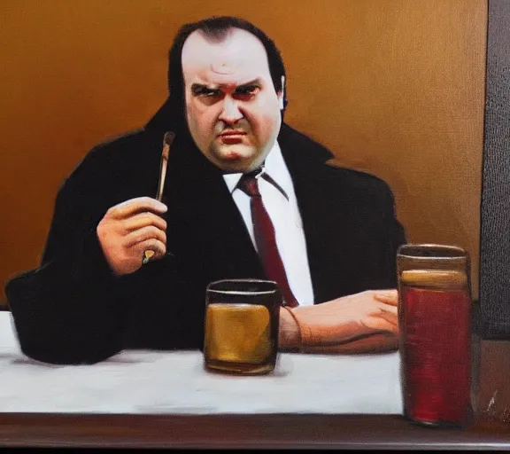 Prompt: framed portrait painting of tony soprano sitting at a mafia table