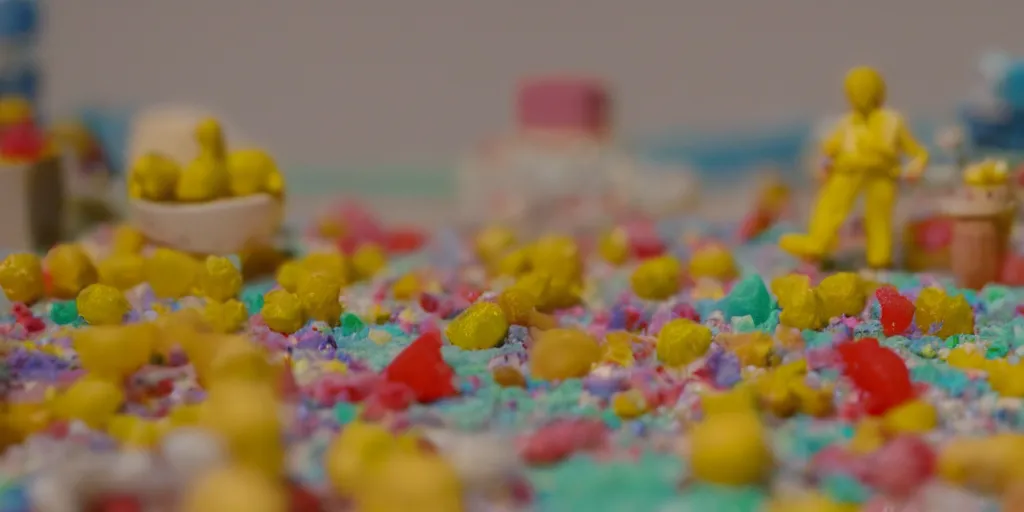 Image similar to a cinematic film still of a claymation stop motion film about a town made of lemons and candy, shallow depth of field, 8 0 mm, f 1. 8