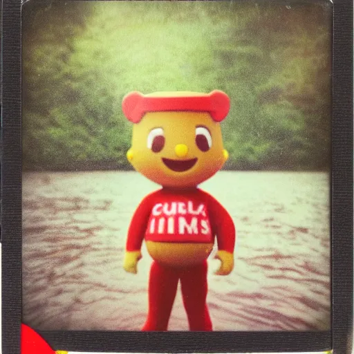 Prompt: A polaroid photo of a cereal mascot standing in a shallow river, dreamy lighting, hi-res photo