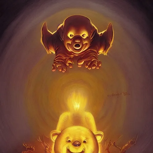 Prompt: A Satanic Evil Winnie The Pooh, psychedelic art, demonic, fullbody, artstation, dark fantasy, concept art, horror, evil, smooth, sharp focus, illustration, art by greg rutkowski and orientalism and bouguereau and Zdzislaw Beksinski, good clear quality, lighting, biology, symmetrical artwork, perfect face, 135 mm, cinematic, hyper realism, high detail, octane render, 8k, chrome accents