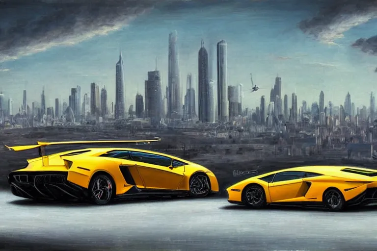 Prompt: a futurisitic well designed car by lamborghini and boeing military and honda, in a city, skyline in the distance, day, summer, painting by best asher brown durand and star wars, ultra mega detailed, beautiful realistic photo, professional photography, perfect
