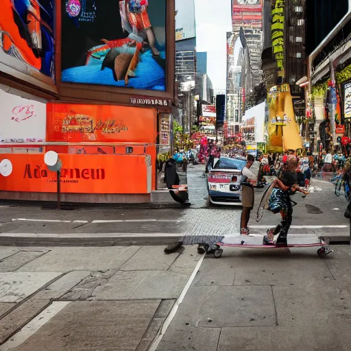 Image similar to a photo of an orange elephant on a skateboard, in times square at sunset