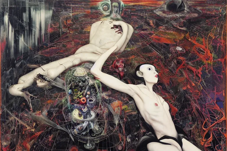 Image similar to The physical impossibility of death, in a brutalist architecture space ship, gothic, rich deep colours, creepy, diabolical, dark, mystical, intrincate, maximalism, coherent symmetrical artwork, painted by Francis bacon, Adrian ghenie, James jean and Petra cortright part by Gerhard Richter, part by Takato Yamamoto. 8k masterpiece