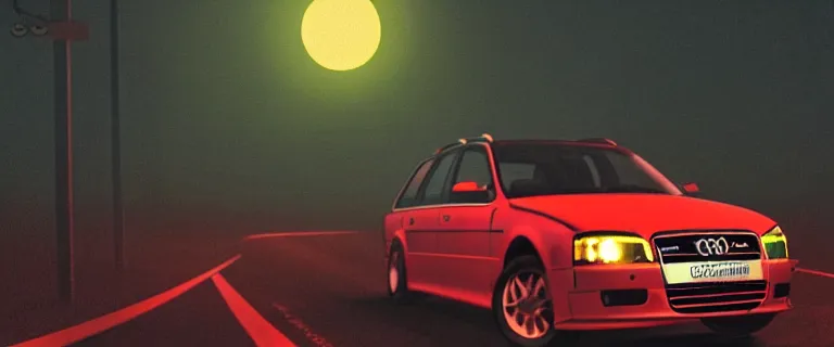 Image similar to Audi A4 B6 Avant (2002), a gritty neo-noir, dramatic bright lighting, cinematic, establishing shot, extremely high detail, photorealistic, cinematic lighting, artstation, by simon stalenhag, Palmont City canyon road, touge, At night