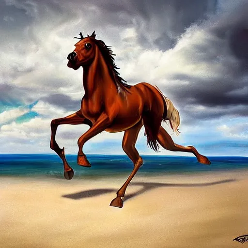 Prompt: an eight legged horse galloping across a beach, wide angle shot, Sleipner, wild, angry, stormy, hardcore, artist John Kinkade