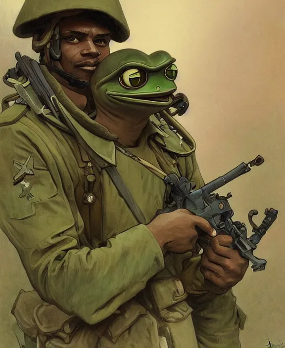 Image similar to Pepe the Frog in military uniform, Schutztruppe, German East Afrika, WW1 Tooth Wu Artgerm Greg Rutkowski Alphonse Mucha Beeple artstation deviantart, 8k, fanart, extreme aesthetic