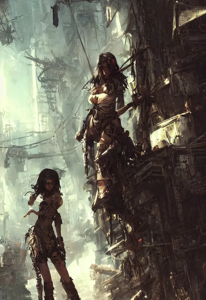 Image similar to Beautiful science fiction warrior princess, set in post apocalyptic Tokyo alleyway, glorious sunlight and shadows, D&D, fantasy, highly detailed, digital painting, artstation, concept art, sharp focus, illustration, in style of Frank Frazetta and Luis Royo and WLOP and Greg Rutkowski