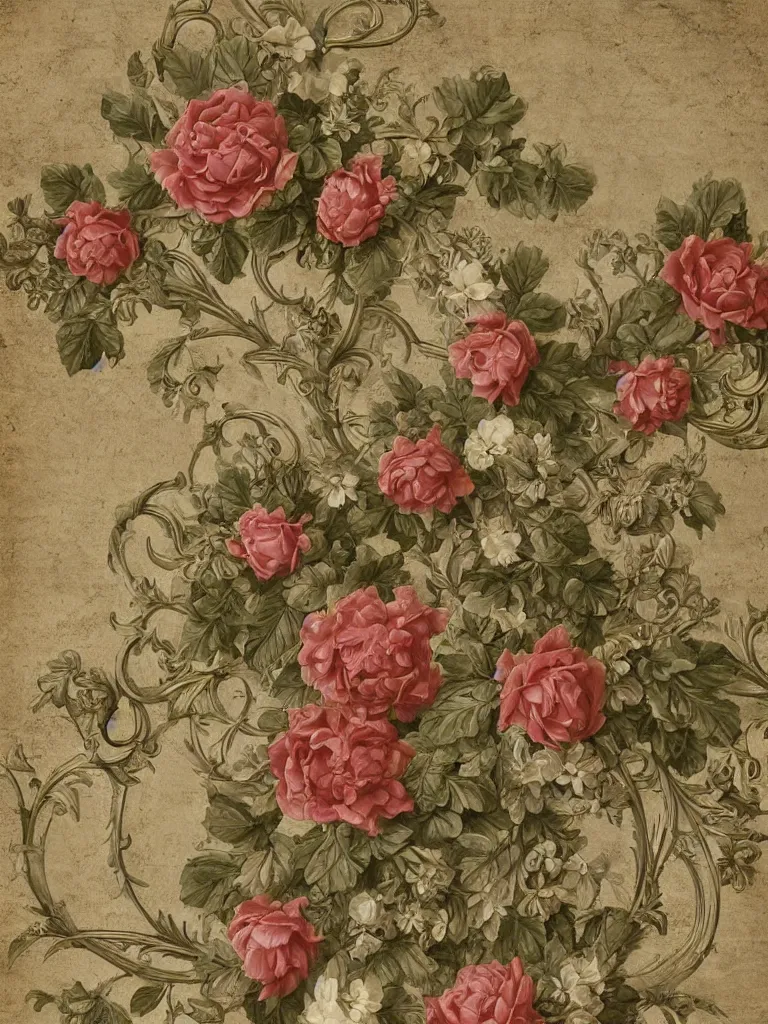 Prompt: beautiful decorative ornament with rococo, classical and victorian floral elements, decorative design, classical ornament, bilateral symmetry, roses, lilies, leaves, flowers and stems, buds, flowering buds, highly detailed etching, beautiful mature color palette