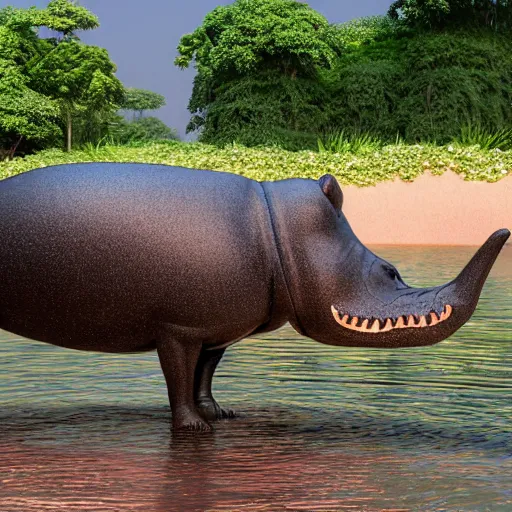 Prompt: 3D render of an anthropomorphic hippo wading in a pool at a beautiful and lush park. There is a jungle in the background, summer, warm gentle lighting, anatomy portrait, fullbody, symmetrical, 3D, with lightning, ultra colourful clean design, beksinski, carl spitzweg, Beeple, and Tuomas Korpi and bouguereau, good clear quality, warm lighting, biology, symmetrical artwork, perfect face, 135 mm, cinematic, hyper realism, high detail, octane render, Maya Render, 8k, pink and green accents
