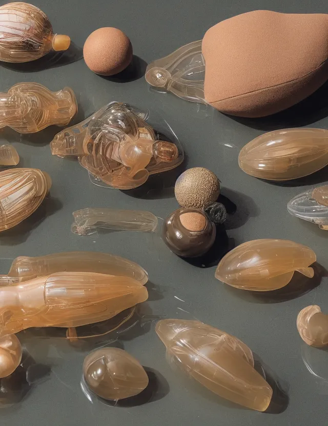 Image similar to a well - lit studio photograph of various earth - toned plastic toys floating in water, some wrinkled, some long, various sizes, textures, and transparencies, beautiful, smooth, detailed, intricate internal anatomy model