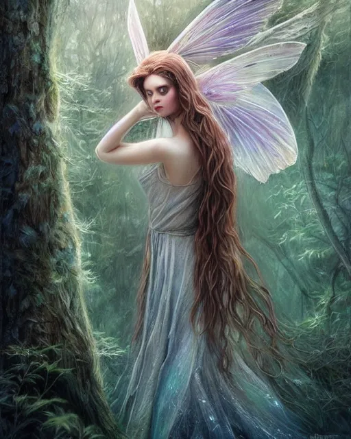 Prompt: beautiful face forest fairy in a scenic woods, sweet, graceful wings muted colors, sharp focus, high fantasy art, fairy aesthetics, intricate, elegant, highly detailed, hyperrealistic painting, artstation, concept art, painterly, dreamy, soft illumination, hasselbrad photography, illustration, art by scot howden