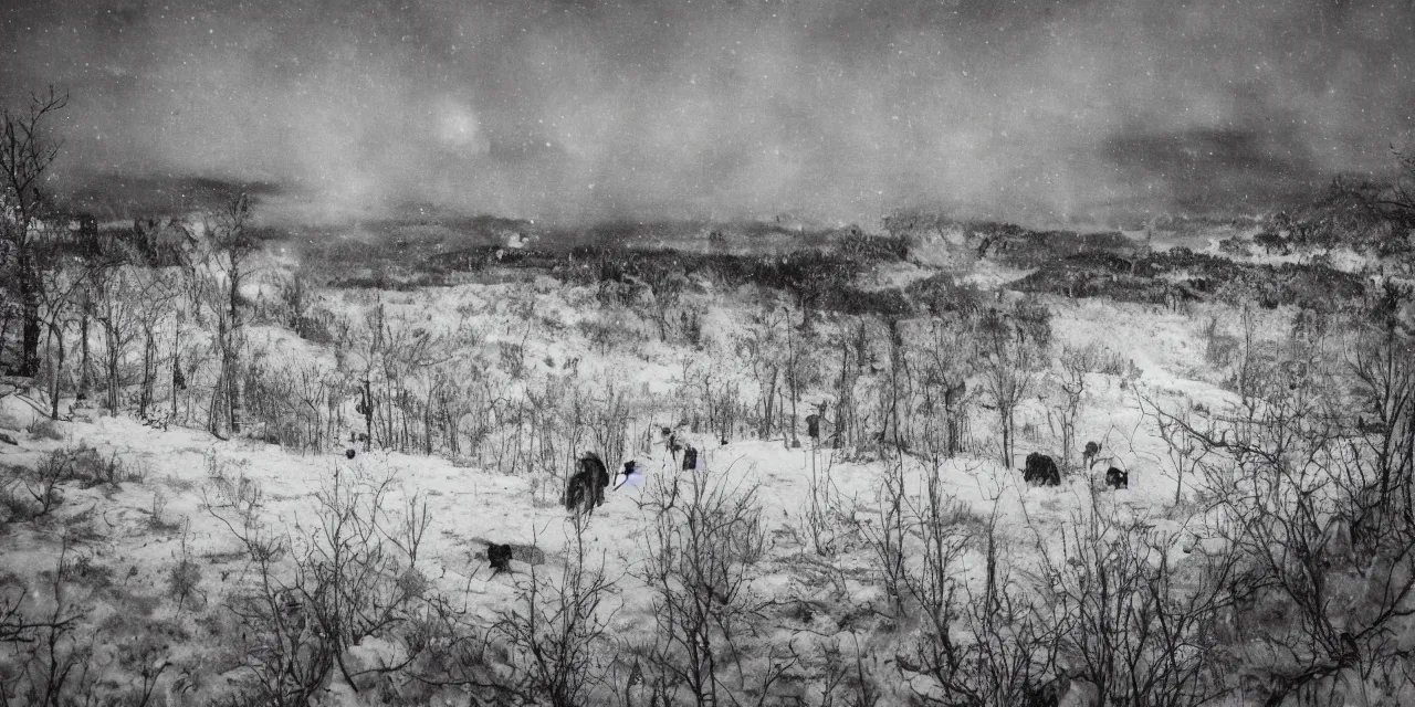 Image similar to laurentian appalachian mountains in winter, unique, original and creative black ink landscape, surrealist artwork, wide angle panorama, snowy night, distant town lights, aurora borealis, deers and ravens, lonely human walking, footsteps in the snow, fascinating textures, outstanding composition