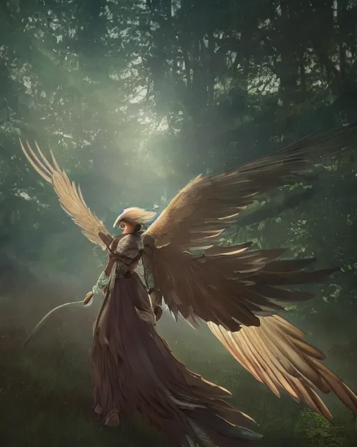 Image similar to a female anthropomorphic eagle warrior. She has two wings on her back. Forest, clearing. Full shot, wings are focus. Flying. Atmospheric lighting, By Makoto Shinkai, Stanley Artgerm Lau, WLOP, Rossdraws, James Jean, Andrei Riabovitchev, Marc Simonetti, krenz cushart, Sakimichan, D&D trending on ArtStation, digital art.