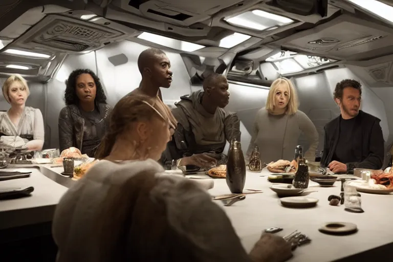 Prompt: movie diverse interracial small team of European sci-fi futuristic space explorers talking at the table in a spaceship kitchen, beautiful skin, Symmetrical faces. Beautiful lighting by Emmanuel Lubezki