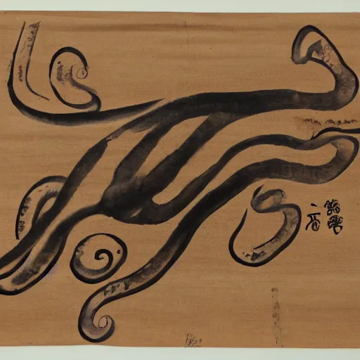 Prompt: a pig - octopus, calligraphy, ink on japanese rice paper