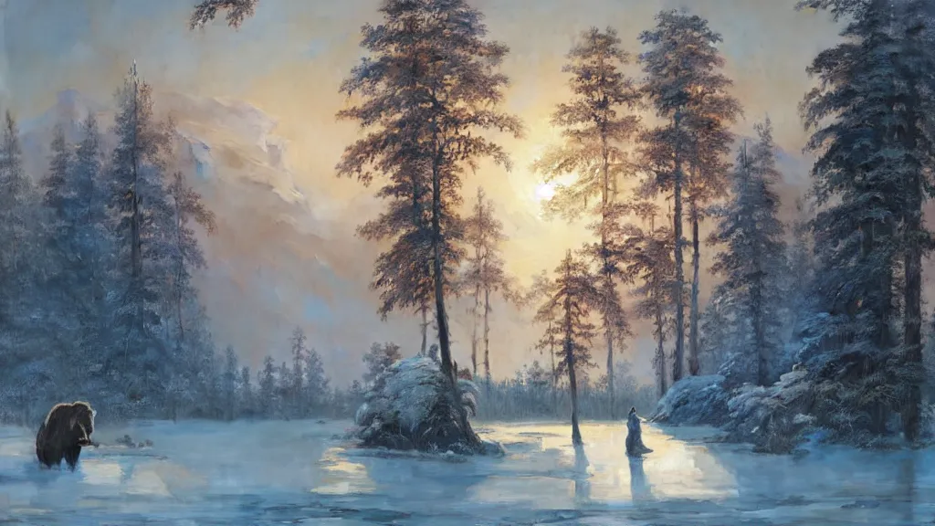 Image similar to the most beautiful panoramic landscape, oil painting, where a giant dreamy lake is frozen, the trees around have snow over their leafs, a majestic bison is exhaling steam and the ray lights of the sunrise are brightening him, by greg rutkowski