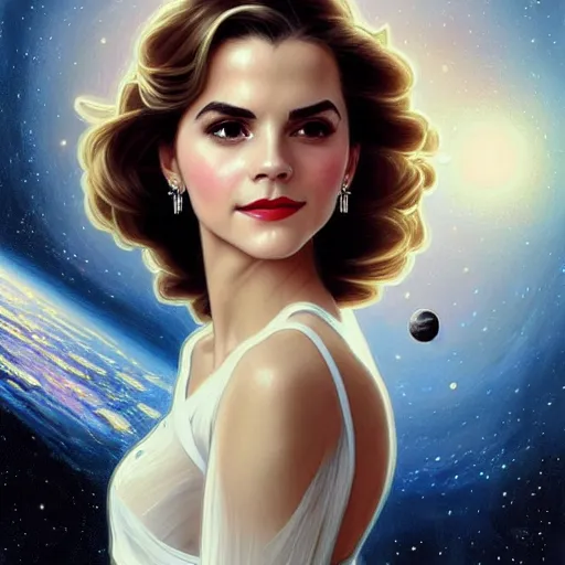 Image similar to A combination of Victoria Justice's and Grace Kelly's and Emma Watson's appearances as an astronaut, full body portrait, western, D&D, fantasy, intricate, elegant, highly detailed, digital painting, artstation, concept art, matte, sharp focus, illustration, art by Artgerm and Greg Rutkowski and Alphonse Mucha