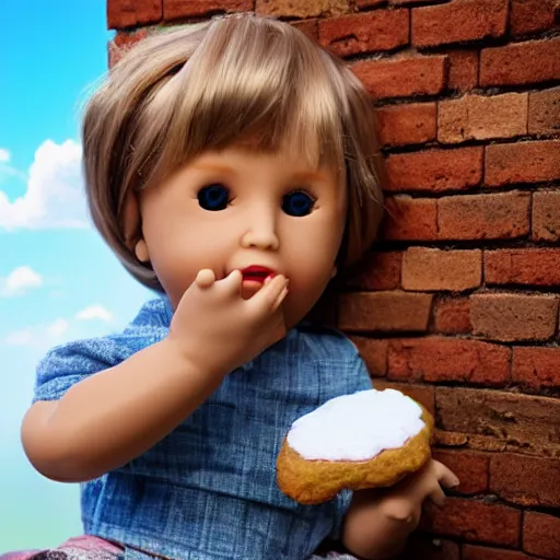 Prompt: doll with giant realistic hands eating a cookie sitting on brick wall, garden background, sky, photo, hd