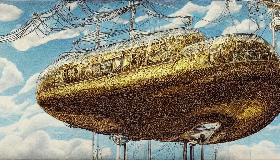 Prompt: an inflated stainless steel chrome gondola in the clouds, people are hanging by steel cables. Oil rigs in the sky. Intricate technical drawing. Colored pencil. Mammatus clouds. Ornate, brilliant, utopian, detailed, Golden ratio, solarpunk solarpunk solarpunk