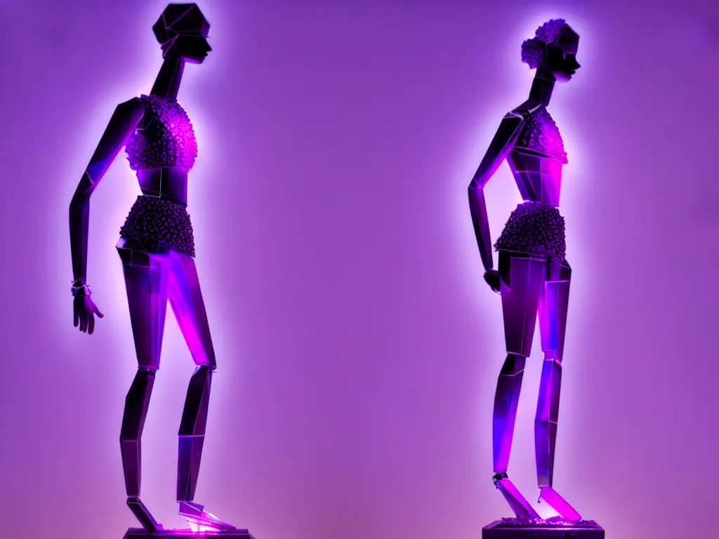 Image similar to beautiful mannequin sculpted out of amethyst by billelis + lit with purple 3 d geometric neon + chrome geometric cubed bonsai plants!!!!, doorway opening with neon pink geometric light, clean linework, dramatic, finely detailed, rule of thirds, moody, confident, award winning, 4 k, trending on artstation, photorealistic, volumetric lighting, octane render