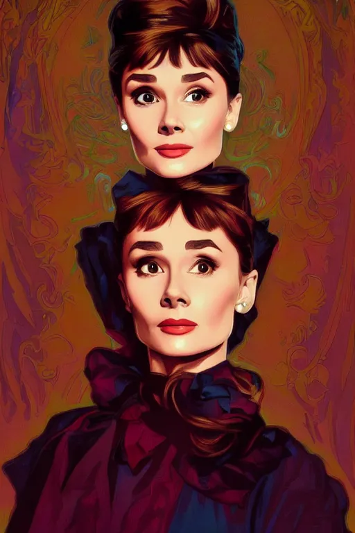 Image similar to portrait of audrey hepburn, 8k, rich vivid colors, cinematic lighting, digital art, illustration, french noveau, alphonse mucha, artstation