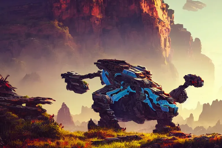 Image similar to rockbreaker machine mecanical creature robot of horizon forbidden west horizon zero dawn radiating a glowing aura global illumination ray tracing hdr fanart arstation by ian pesty and alena aenami artworks in 4 k