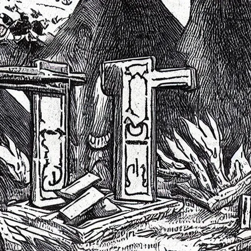 Prompt: A grave yard, with wooden graves in the shape of the greek letter PSI. Faded Edges, Dark Fantasy, Film Noir, Black and White. High Contrast, Mike Mignola, D&D, OSR