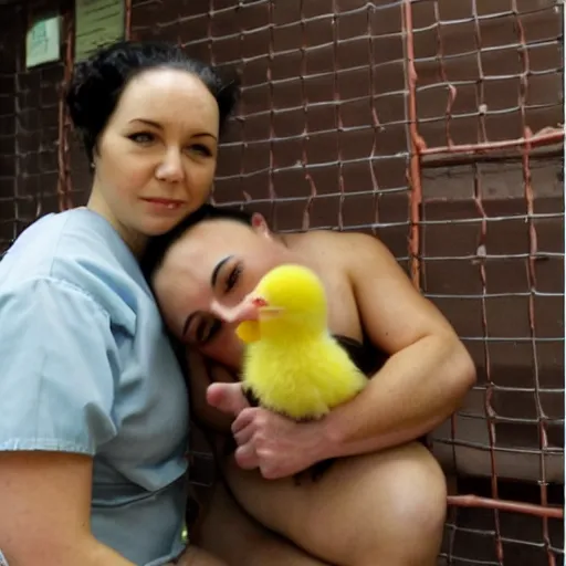 Image similar to inmate body and cute baby chick face