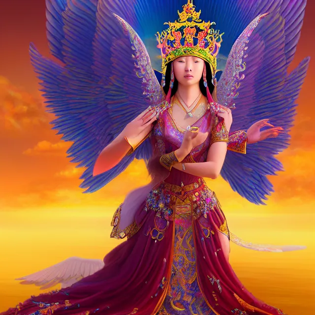 Image similar to beautiful 3 d render of an asian mongolian princess goddess with angelic wings in a sensual pose, princess wearing a crown with gemstones, near lake baikal, atmospheric lighting, painted, intricate, volumetric lighting, beautiful, rich deep colours masterpiece, sharp focus, highly saturated colors, ultra detailed, in the style of dan mumford and marc simonetti, astrophotography