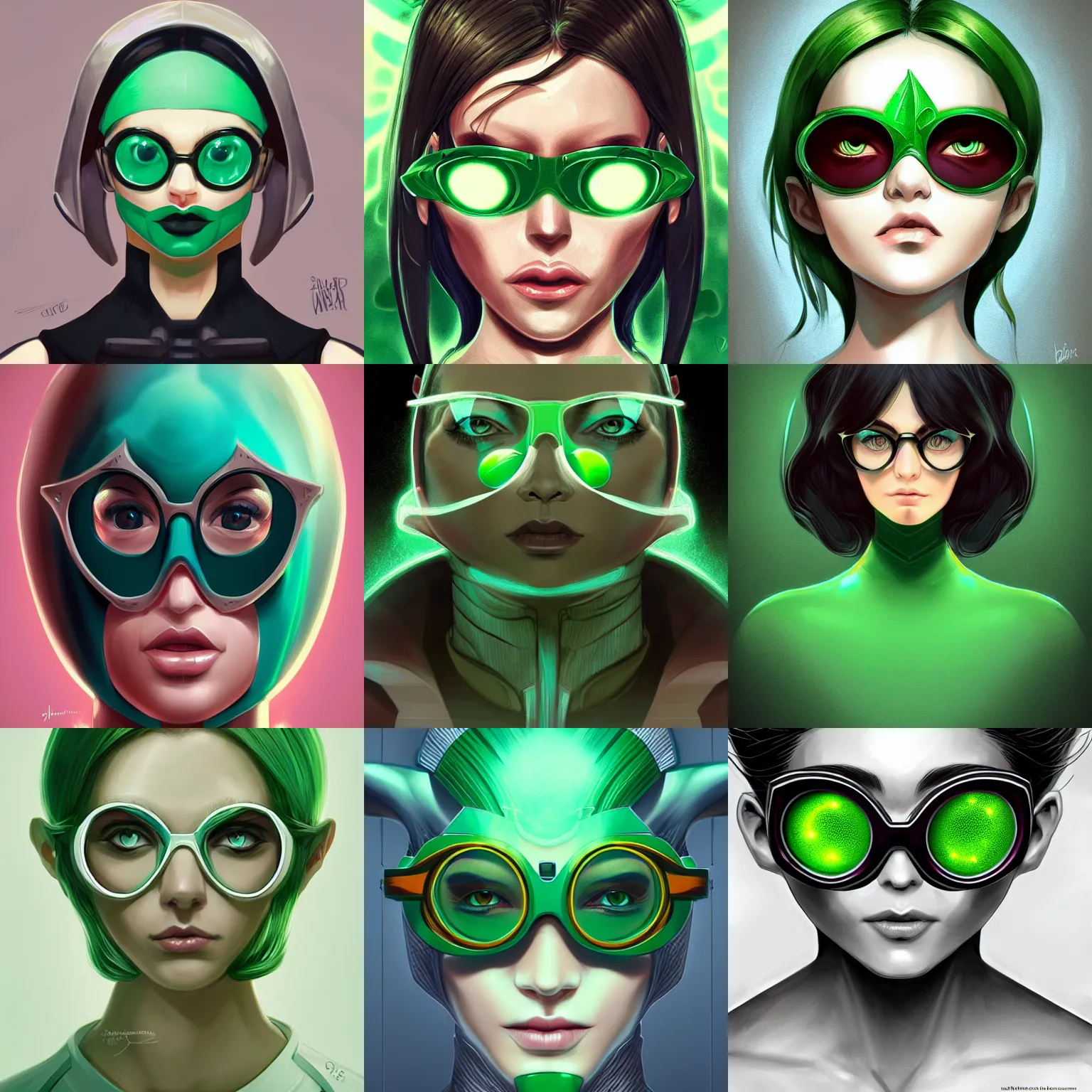 Prompt: symmetrical character concept portrait, green glasses hero, digital painting, concept art, smooth, sharp focus, illustration, artgerm