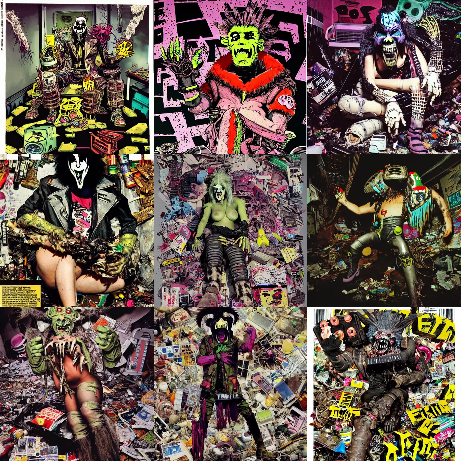 Prompt: photo of Fallout mutant wearing ripped up dirty Swear kiss monster teeth yeti platform boots in the style of Rammellzee Garbage Gods in the style of 1990's FRUiTS magazine 20471120 in japan in a dirty dark dark dark poorly lit bedroom full of trash and garbage server racks and cables everywhere in the style of Juergen Teller in the style of Shoichi Aoki, japanese street fashion, KEROUAC magazine, magazine 1990's, Vivienne Westwood, y2K aesthetic