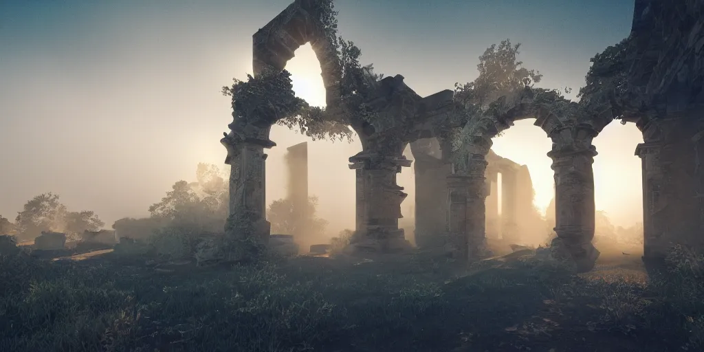 Image similar to mystical ruins, volumetric lighting, sunrise, vivid, fog, digital art