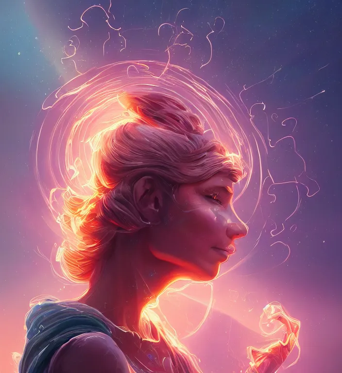 Image similar to centered waist up portrait photography an angel + glowing outlines, dissolve to energy particles of light + bokeh + strong DOF + 8k, photorealistic + composition by Peter Mohrbacher + line work by Dan Mumford , ultra realistic + backlit + strong rimlight, sunset + HDRI, HD, Photoreal