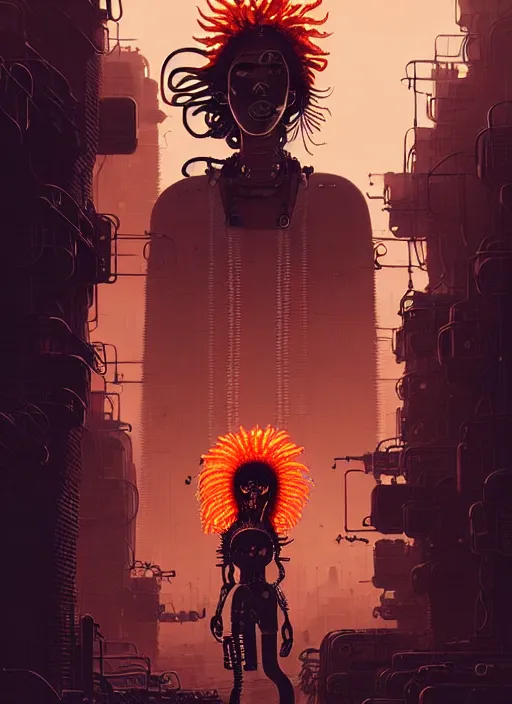 Image similar to highly detailed portrait of wasteland punk long curly fire hair tribal lady, stray wiring by atey ghailan, james gilleard, by joe fenton, by greg rutkowski, by greg tocchini, by kaethe butcher, 4 k resolution, gradient red, orange, black and white color scheme!!! ( ( flaming robotic dystopian city spiral background ) )