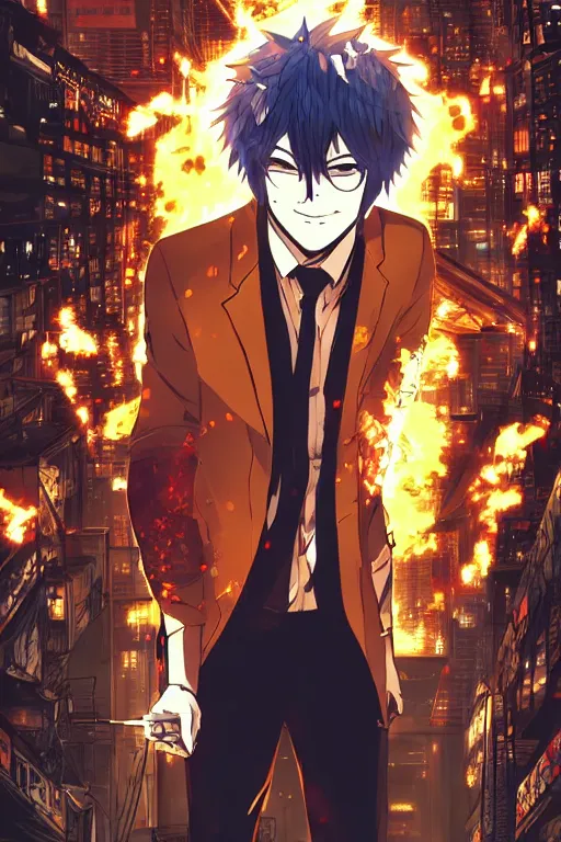 Image similar to manga cover, orange-headed businessman, intricate cyberpunk city, emotional lighting, character illustration by tatsuki fujimoto, chainsaw man, fire punch