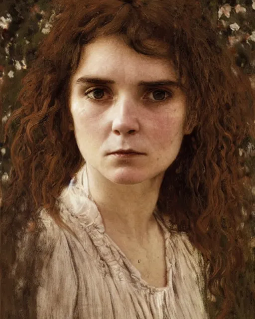 Prompt: a beautiful but sinister girl who looks like a young shirley henderson in layers of fear, with haunted eyes and curly hair, 1 9 7 0 s, seventies, delicate embellishments, a little blood, crimson, painterly, offset printing technique, by jules bastien - lepage