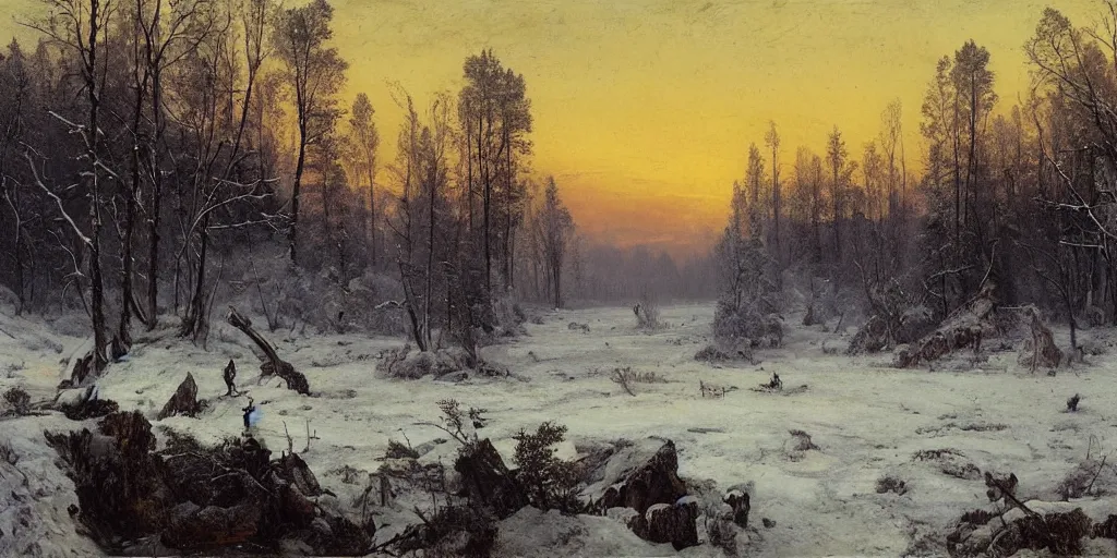 Image similar to winter landscape, faint sunrise, lush field, giant monster spider, forest, frozen river, matte painting, by Isaac Levitan and Asher Brown Durand