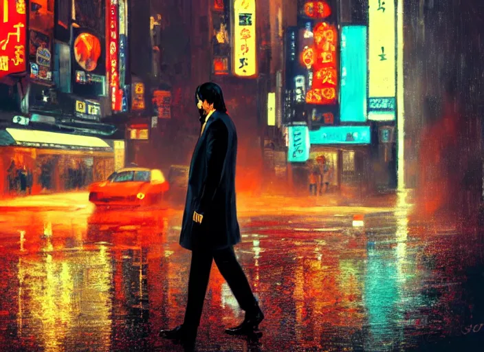 Prompt: cinematic shot of John Wick walking on the streets of Tokyo, rainy streets, neon lights, LEDs, concept art oil painting by Jama Jurabaev, extremely detailed, brush hard, artstation