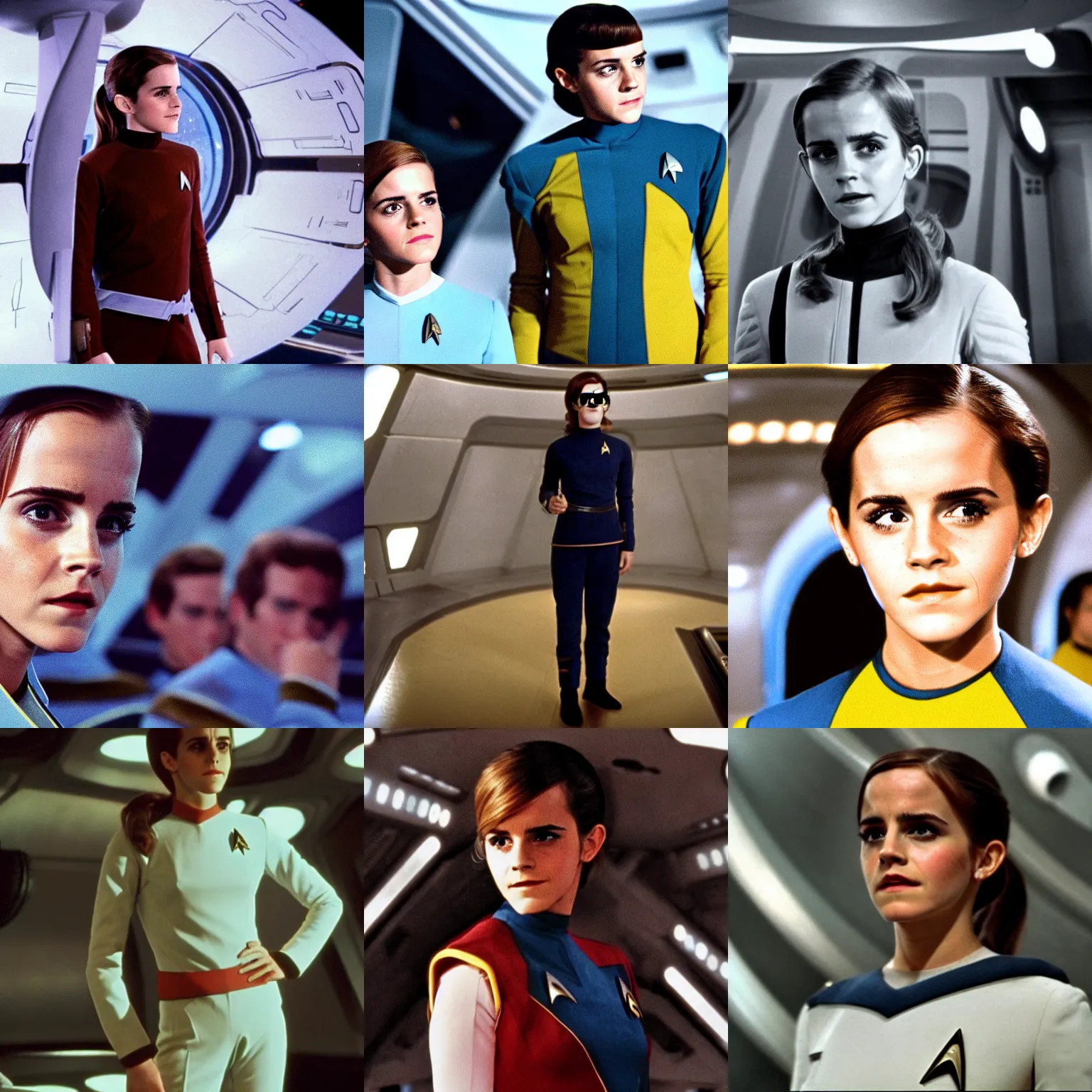 Prompt: emma watson as a crewmember of the USS enterprise in star trek the original series (1966)