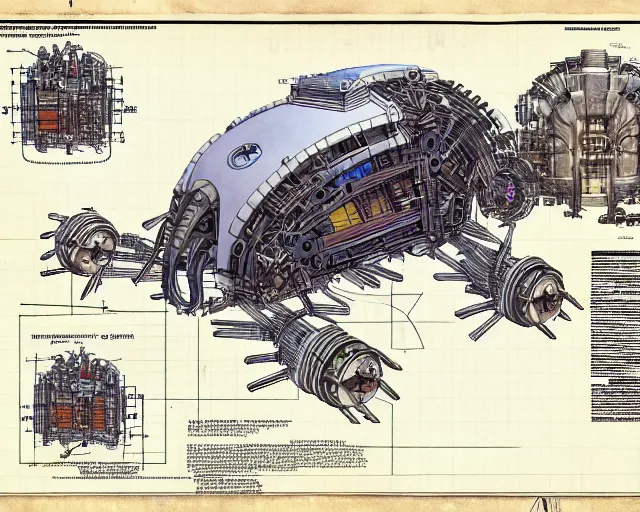 Image similar to a full page of a mechanical blueprint showing a design for a mechanized sloth from howl's moving castle ( 2 0 0 4 ), with a big head, muted colors, post grunge, studio ghibli, hq,