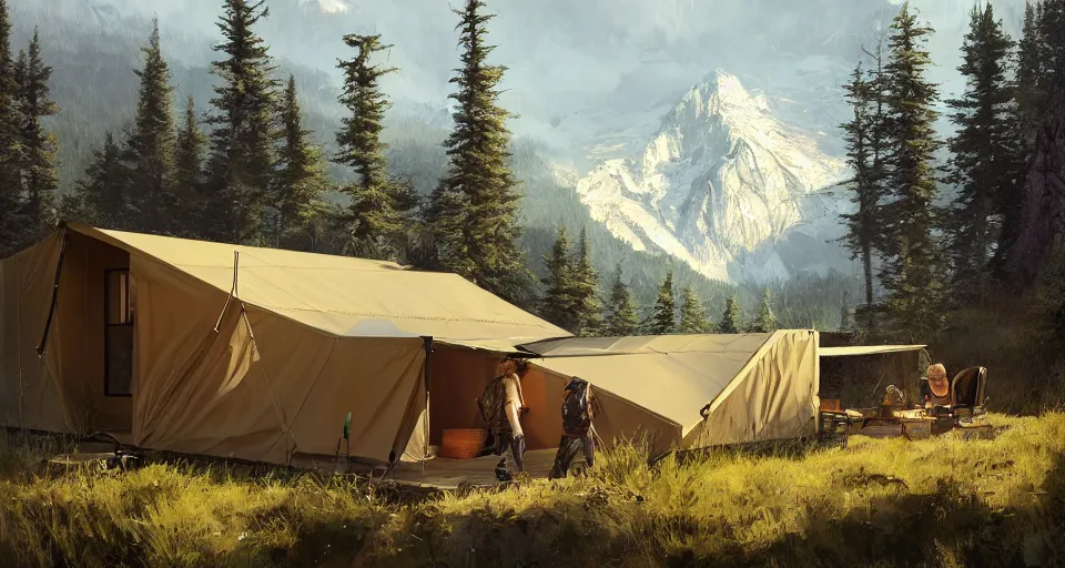 Image similar to cabela's beautiful comfortable carbon framed, modular insulated wall portable container home kit - house all weather family dwelling tent house, person in foreground, mountainous forested wilderness open fields, beautiful views, painterly concept art, environmental concept art, concept art illustration, by james gurney, by craig mullins, by greg rutkowski trending on artstation